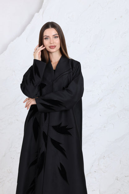 Black satin abaya with leaf embroidery