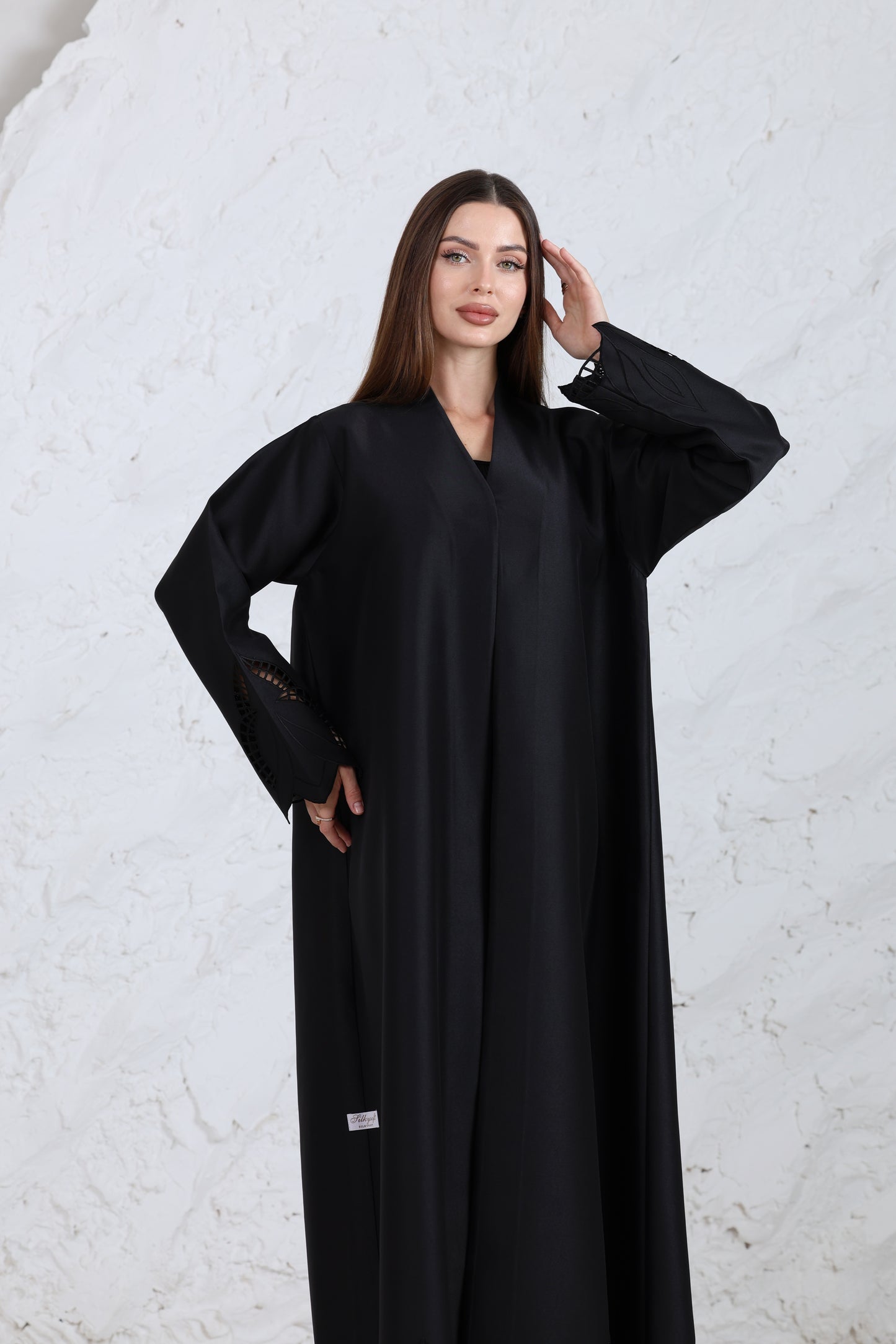 Black abaya with embroidered sleeve details for traditional & ceremonial clothing