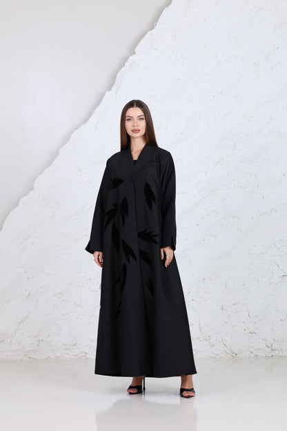 Black embroidered abaya with leaf design