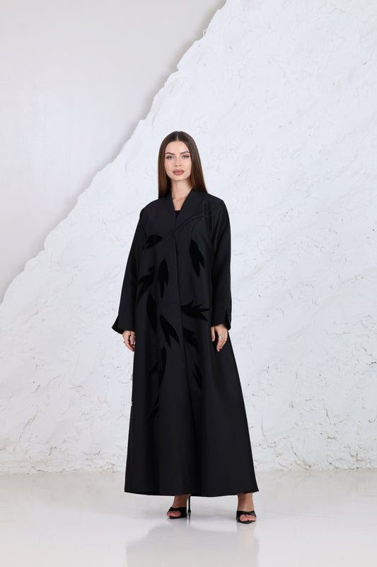 Black embroidered abaya with leaf design